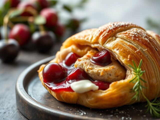 Kip met kersen in croissantdeeg