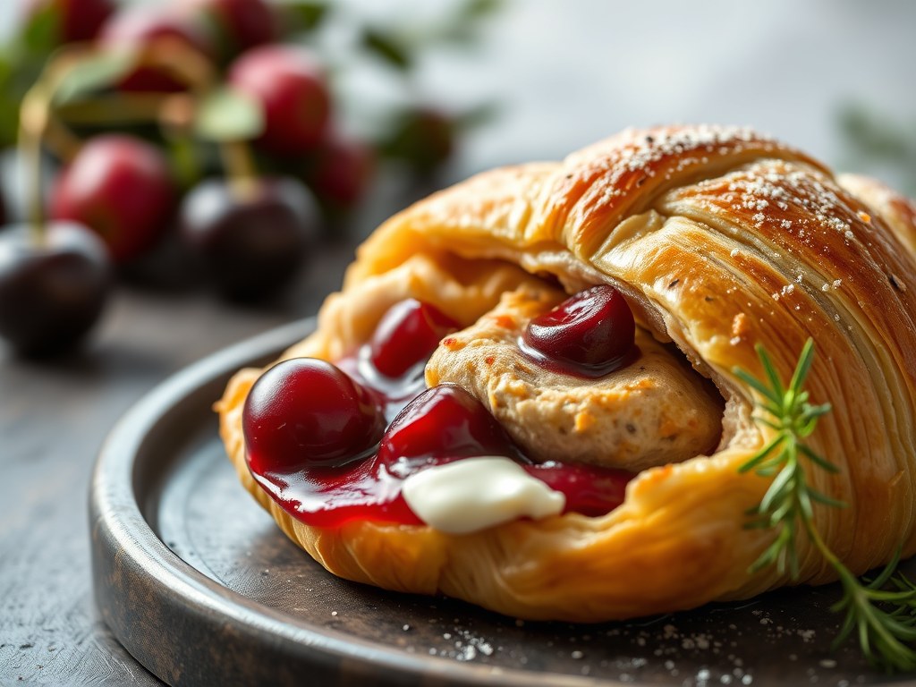 Kip met kersen in croissantdeeg, AI-gegenereerde illustratie