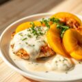 Kip met perziken in Boursinsaus
