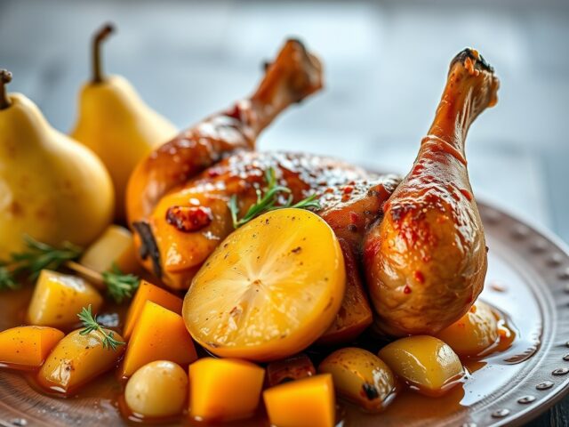 Kip met pompoen en peren