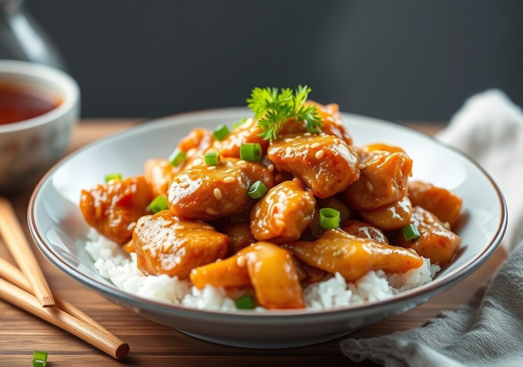 Kip met saus van gember, lenteui en sesamolie — AI-gegenereerde illustratie