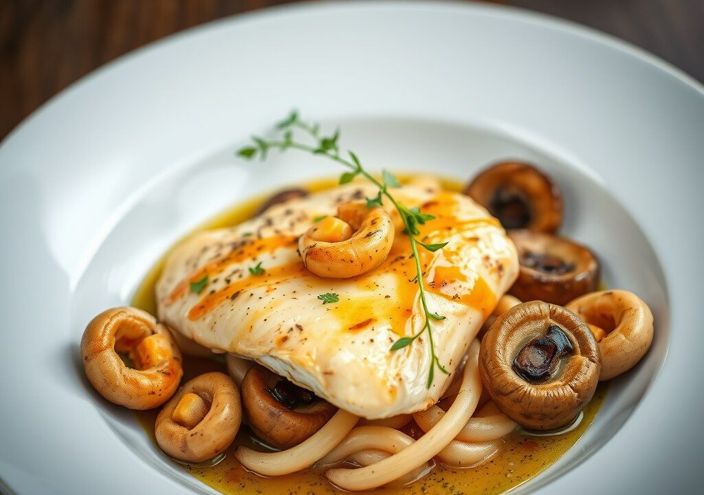 Kip met scampi, AI-gegenereerde illustratie