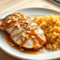 Kip met sinaasappelsherrysaus en amandel