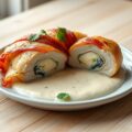 Kip met stiltonkaasrolletjes