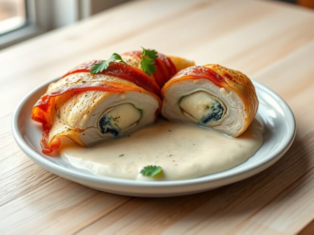Kip met stiltonkaasrolletjes