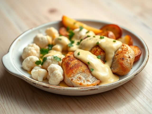 Kip of varkensfilet met bloemkool en mosterdkaas