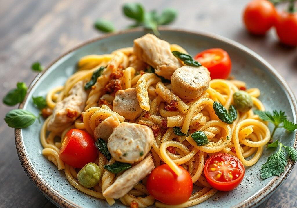 Kip-pastasalade, AI-gegenereerde illustratie