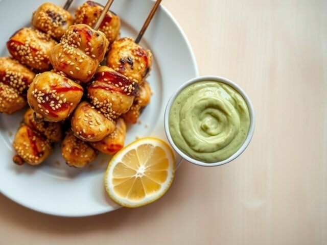 Kip sesamspiesjes met avocadosaus