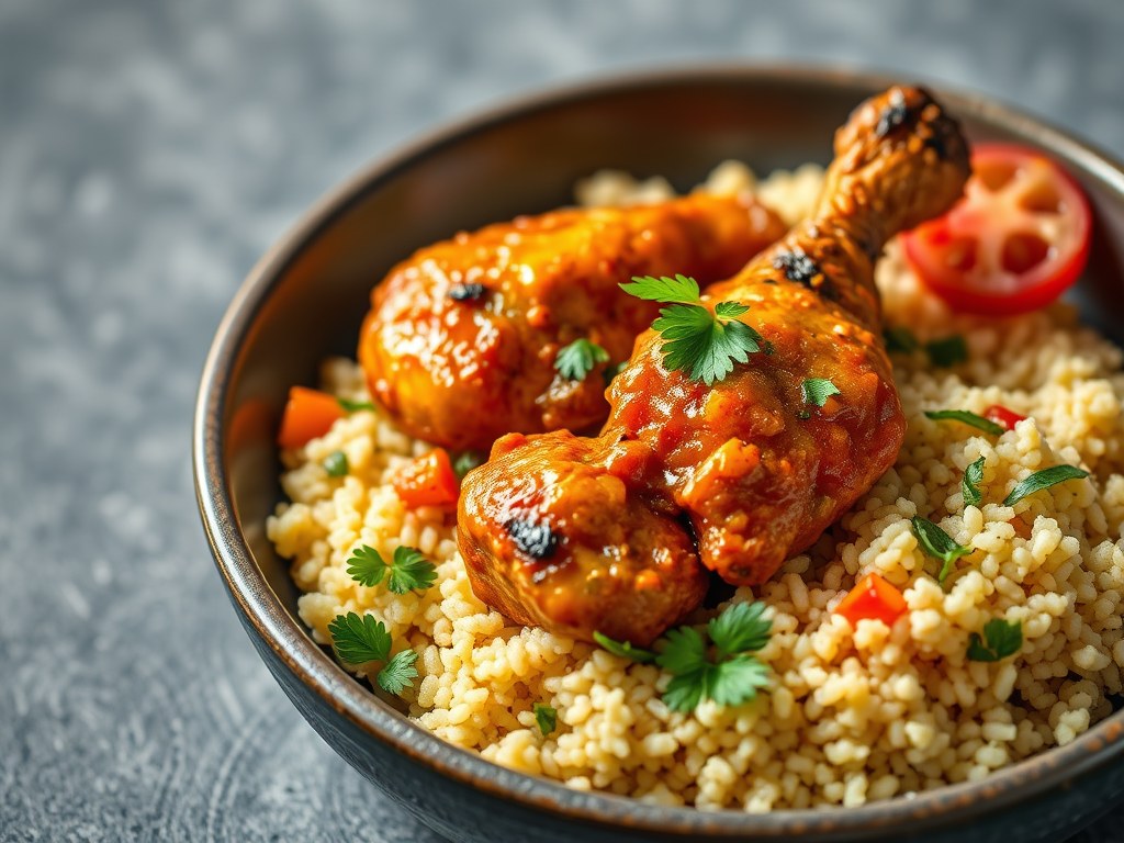 Kip tandoori met groente-curry in couscous, AI-gegenereerde illustratie
