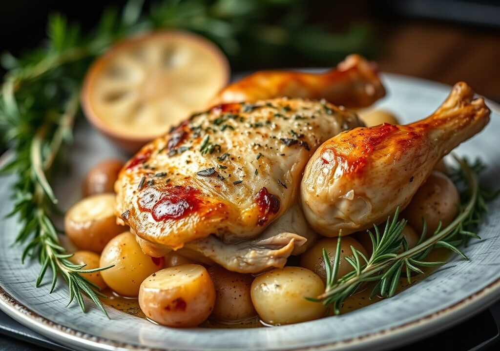 Kip uit de Oven met Aardappelen, AI-gegenereerde illustratie