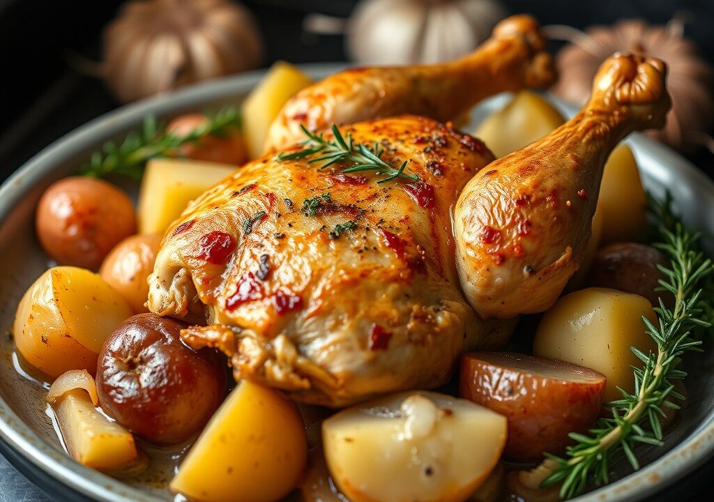 Kip uit de oven met aardappels, ui en knoflook, AI-gegenereerde illustratie
