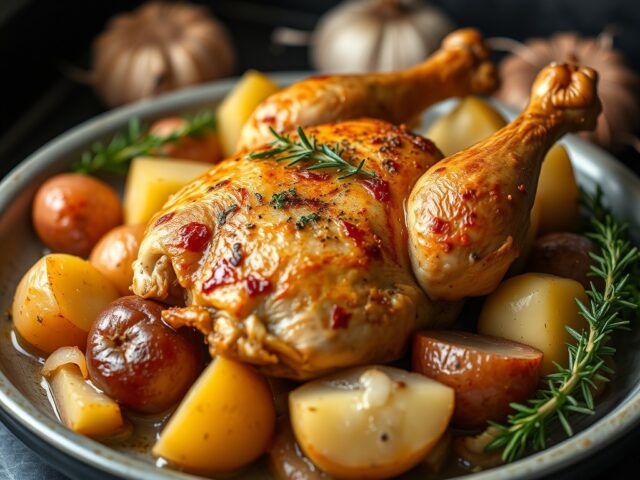 Kip uit de oven met aardappels, ui en knoflook — AI-gegenereerde illustratie