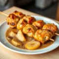 Kipbrochette, gekarameliseerde appelen, room met Brune de Val-Dieu
