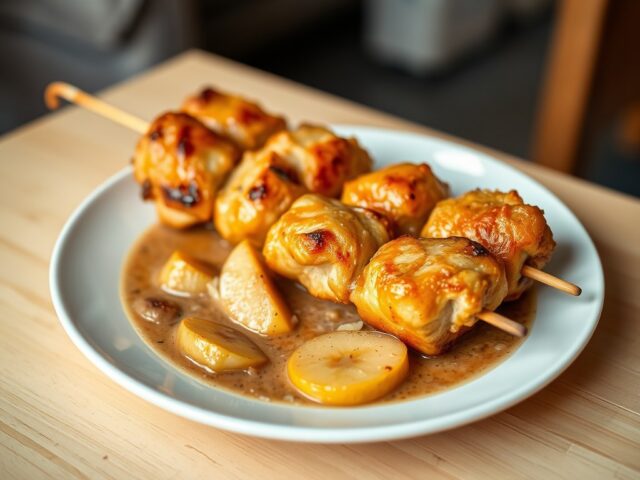 Kipbrochette, gekarameliseerde appelen, room met Brune de Val-Dieu