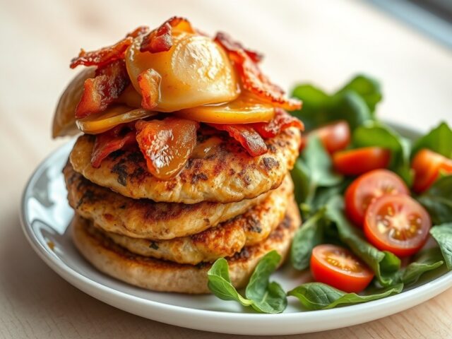 Kipburgers met appel, ui en spek en een salade van tomaatjes en spinazie