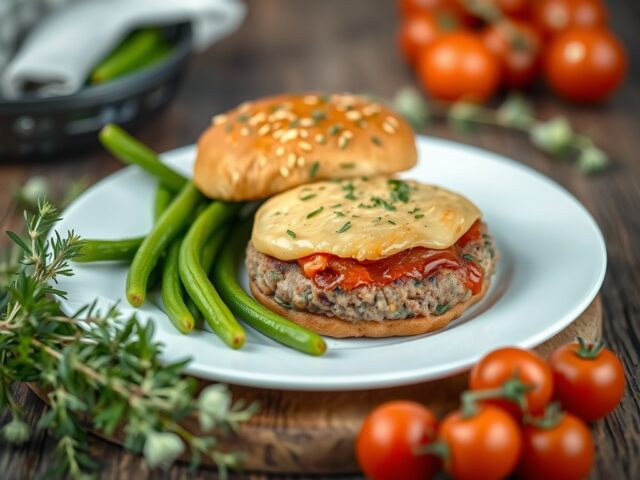 Kipburgers met bonen — AI-gegenereerde illustratie