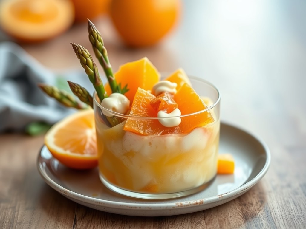 Kipcocktail met asperges en mandarijntjes, AI-gegenereerde illustratie
