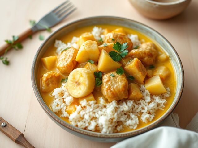 Kipcurry met banaan en ananas