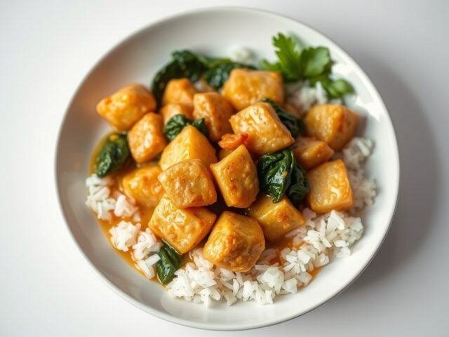 Kipcurry met roergebakken spinazie — AI-gegenereerde illustratie
