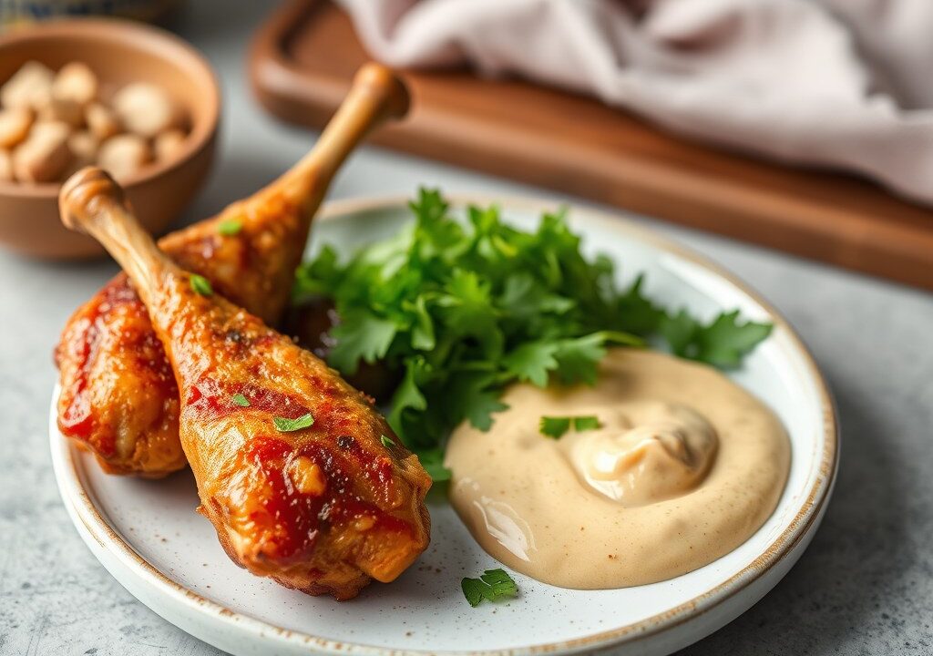 Kipdrumsticks en koriandermayo, AI-gegenereerde illustratie