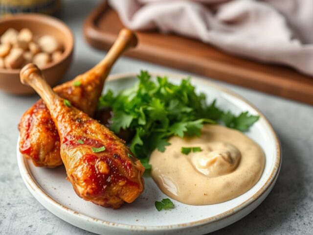 Kipdrumsticks en koriandermayo — AI-gegenereerde illustratie