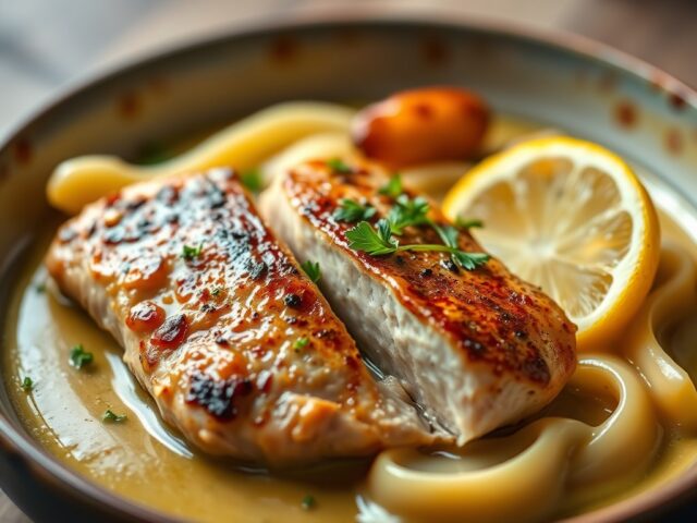 Kipfilet in een amandeljasje — AI-gegenereerde illustratie