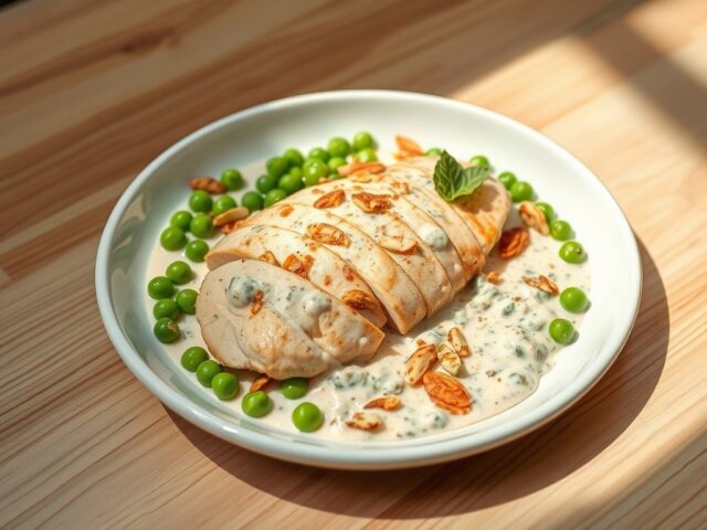 Kipfilet in een gorgonzolaroomsaus met geroosterd