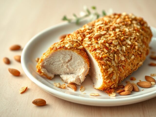 Kipfilet in een jasje van amandelen