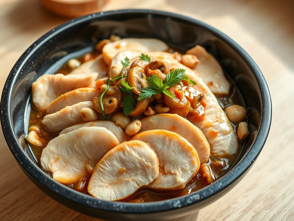 Kipfilet in knoflook-oestersaus, AI-gegenereerde illustratie