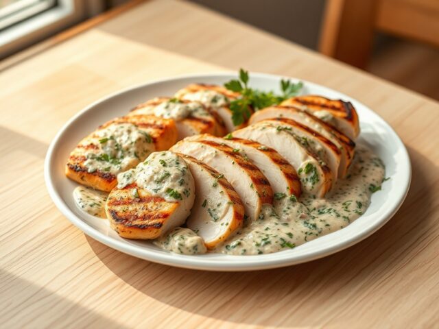 Kipfilet in kruidige pesto-roomsaus