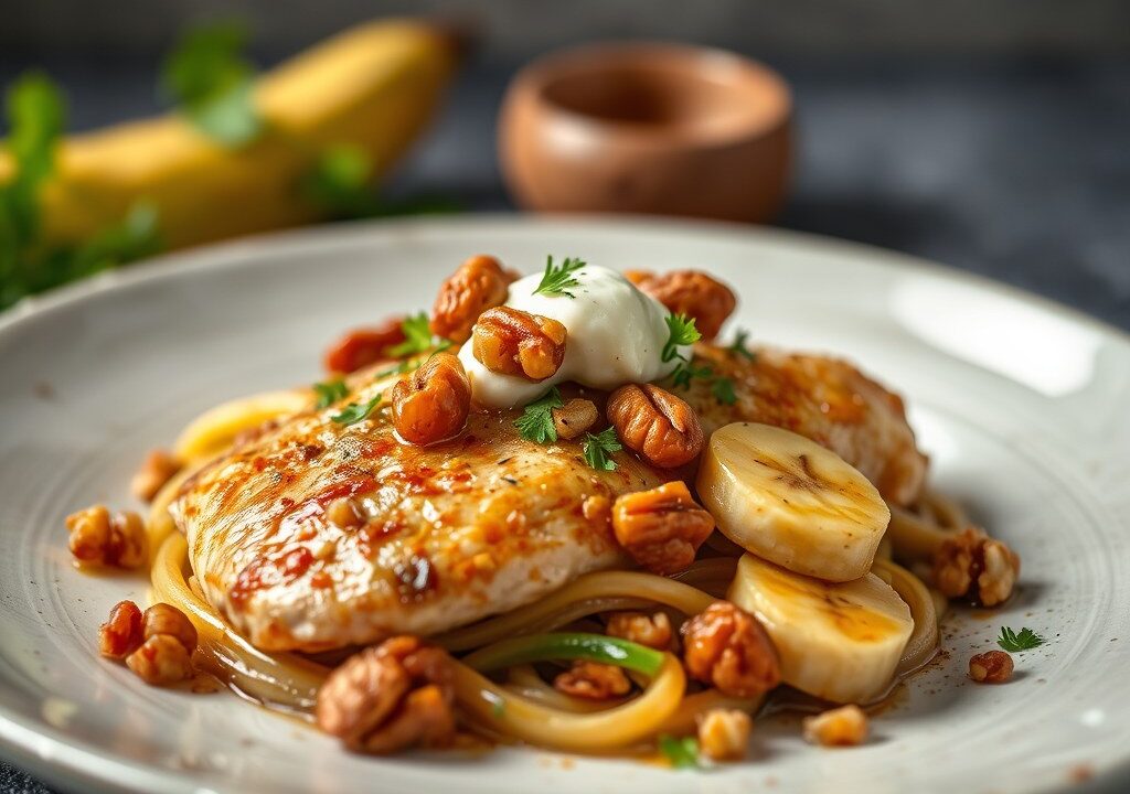 Kipfilet met banaan en walnoten, AI-gegenereerde illustratie