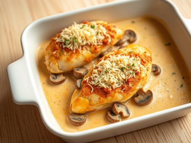 Kipfilet met champignons en parm.kaas uit de oven