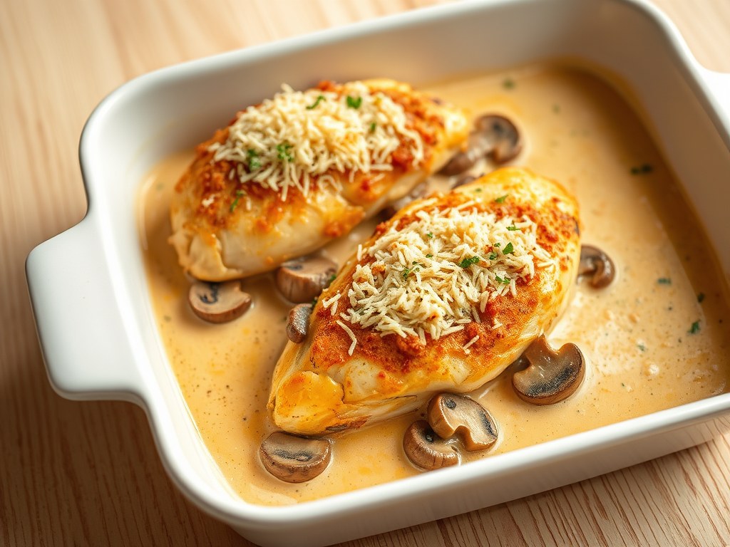 Kipfilet met champignons en parm.kaas uit de oven, AI-gegenereerde illustratie