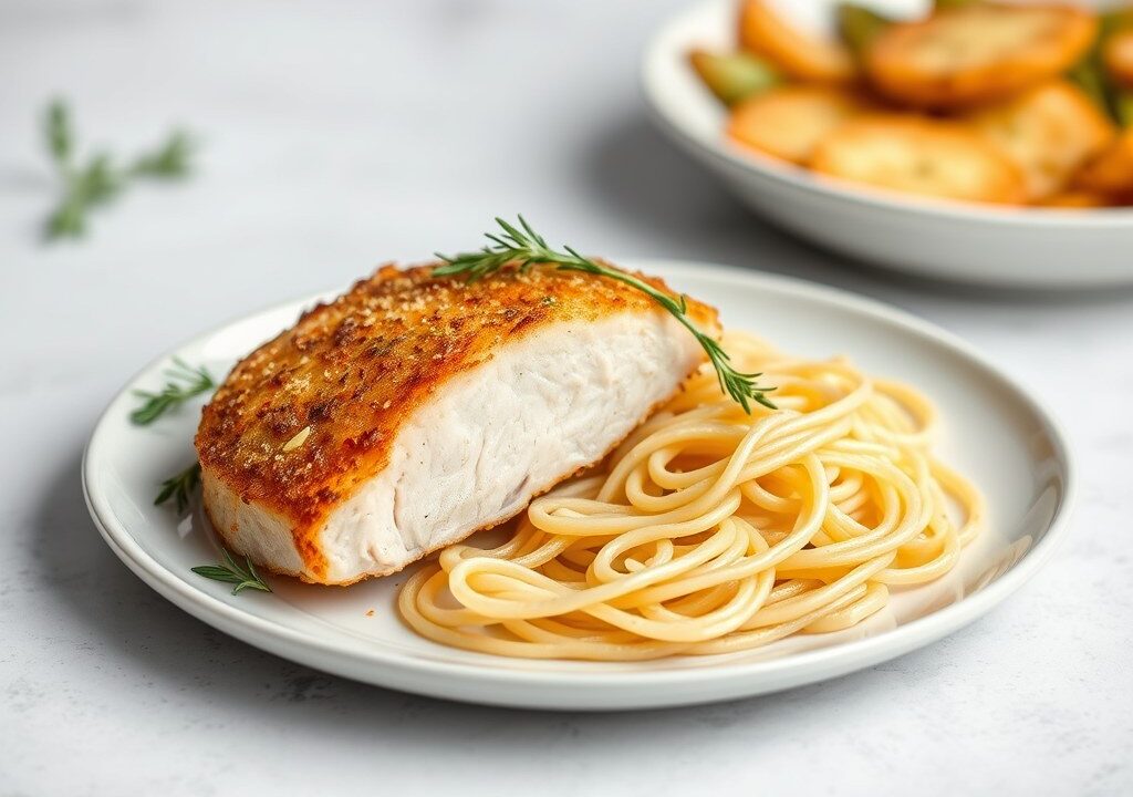 Kipfilet met gebakken tomaatjes — AI-gegenereerde illustratie