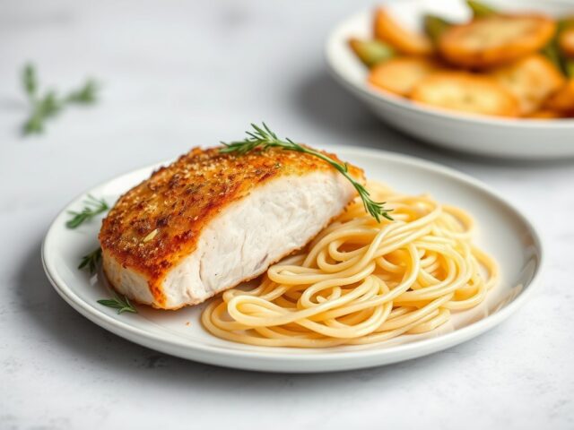 Kipfilet met gebakken tomaatjes — AI-gegenereerde illustratie