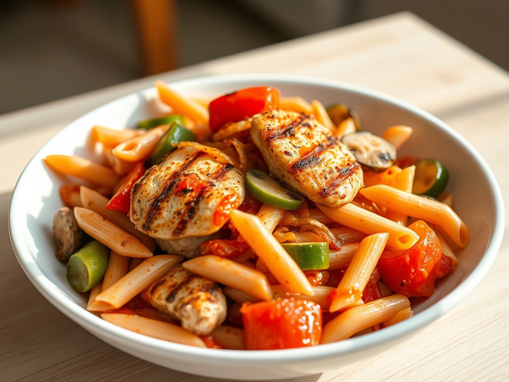Kipfilet met groenten en penne, AI-gegenereerde illustratie