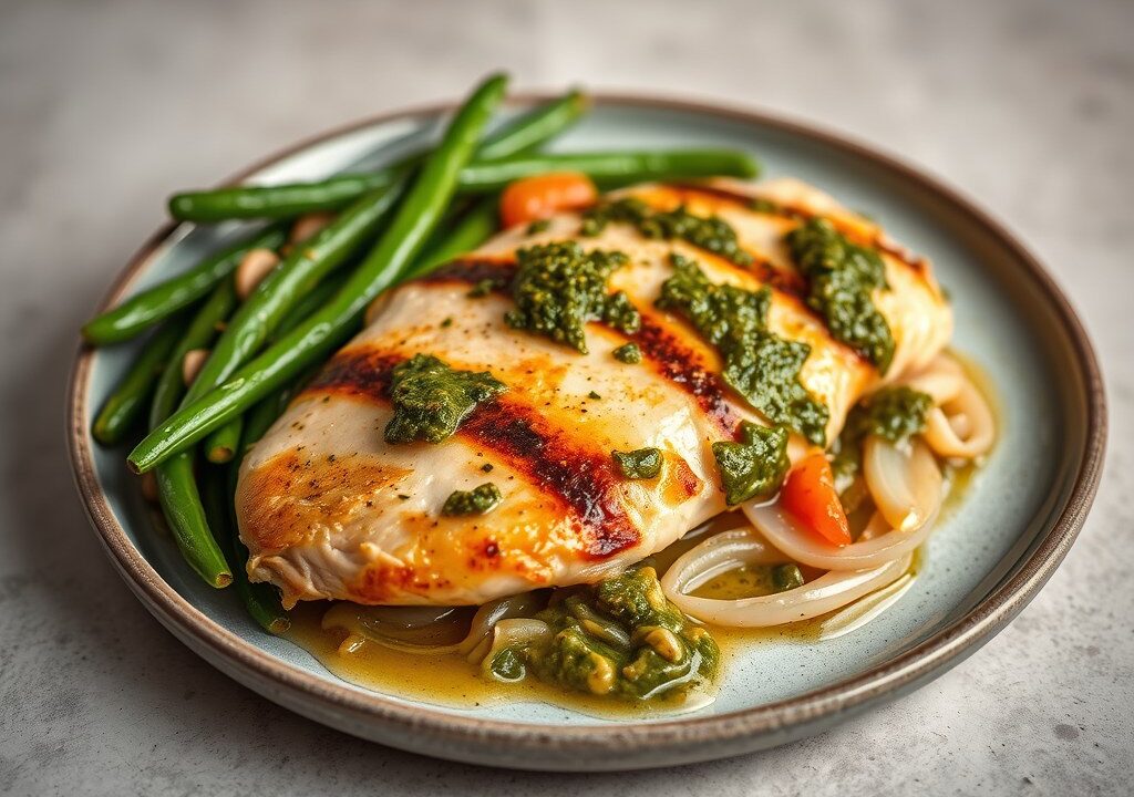 Kipfilet met groenten en pesto — AI-gegenereerde illustratie