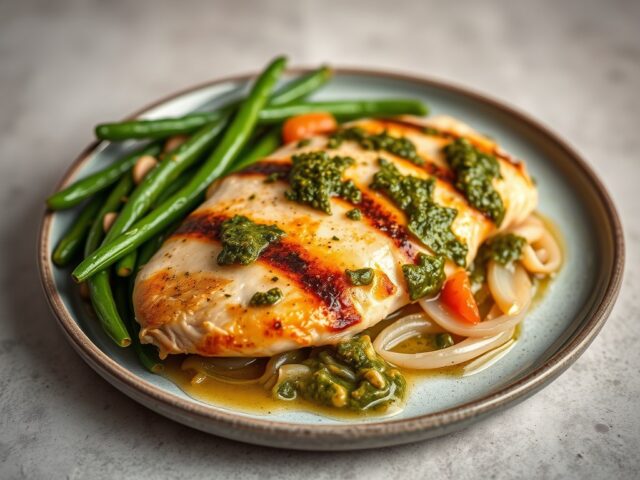 Kipfilet met groenten en pesto — AI-gegenereerde illustratie