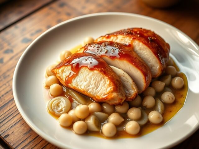 Kipfilet met honingazijnsaus en romige prei