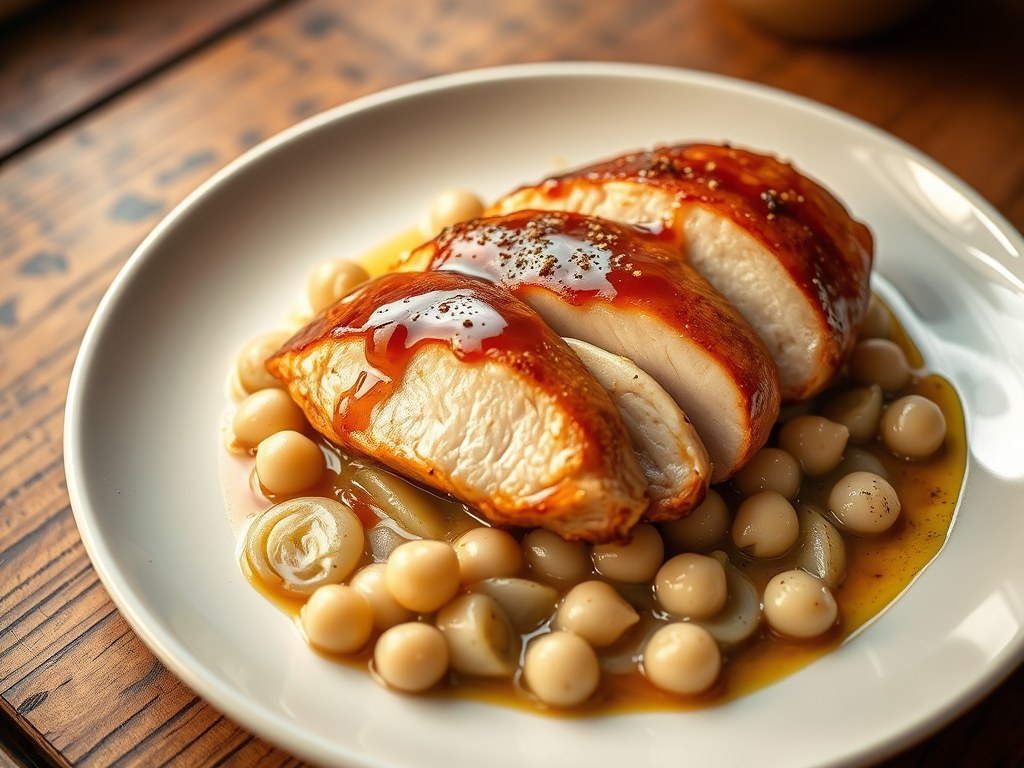 Kipfilet met honingazijnsaus en romige prei, AI-gegenereerde illustratie