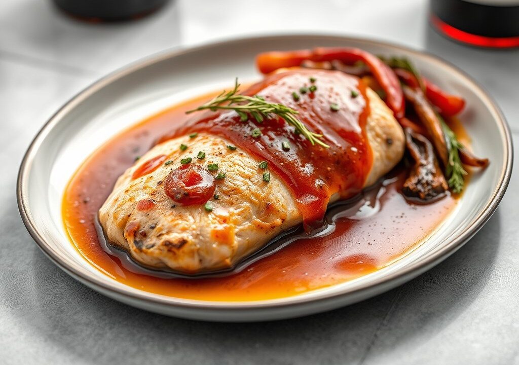 Kipfilet met kersensaus, AI-gegenereerde illustratie