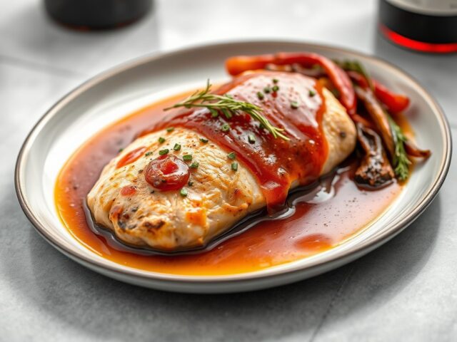 Kipfilet met kersensaus — AI-gegenereerde illustratie
