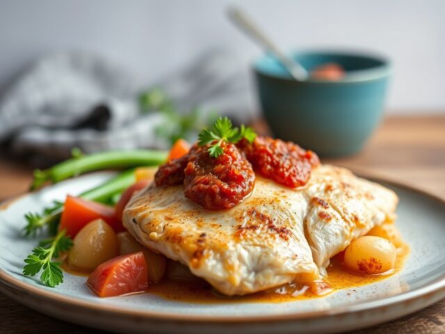 Kipfilet met kruidenkaas en rauwe ham — AI-gegenereerde illustratie