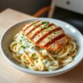 Kipfilet met pasta en kruidenkaas-saus