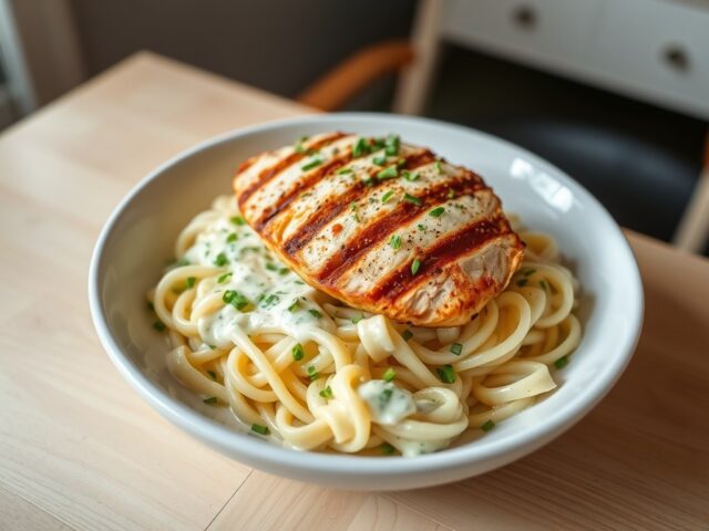 Kipfilet met pasta en kruidenkaas-saus