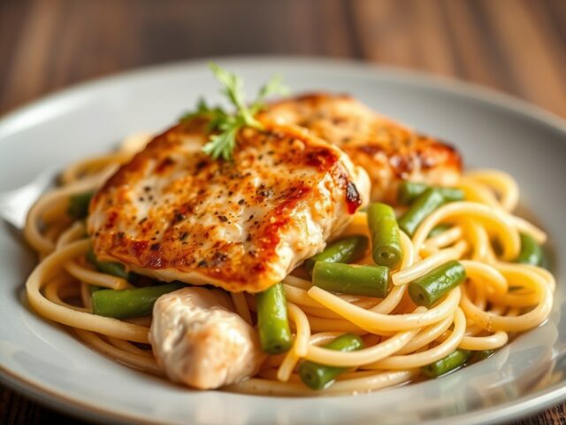 Kipfilet met peultjes en pasta — AI-gegenereerde illustratie