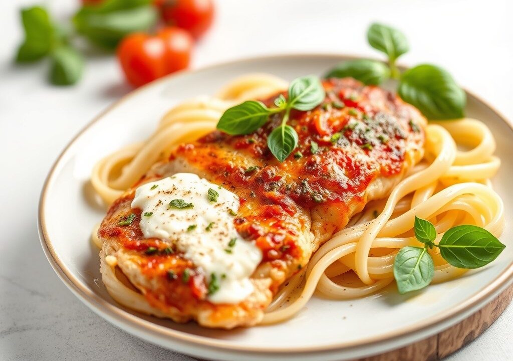 Kipfilet met pizzaiola, kruidenricotta en pasta, AI-gegenereerde illustratie