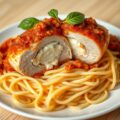 Kipfilet met pizzaiola, kruidenricotta en pasta