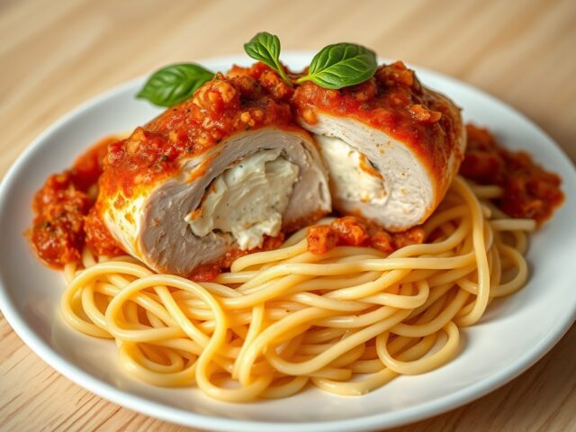 Kipfilet met pizzaiola, kruidenricotta en pasta