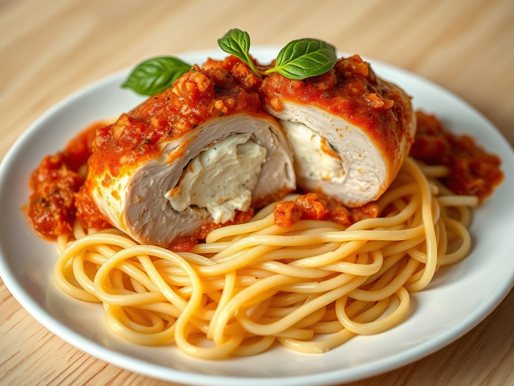 Kipfilet met pizzaiola, kruidenricotta en pasta, AI-gegenereerde illustratie